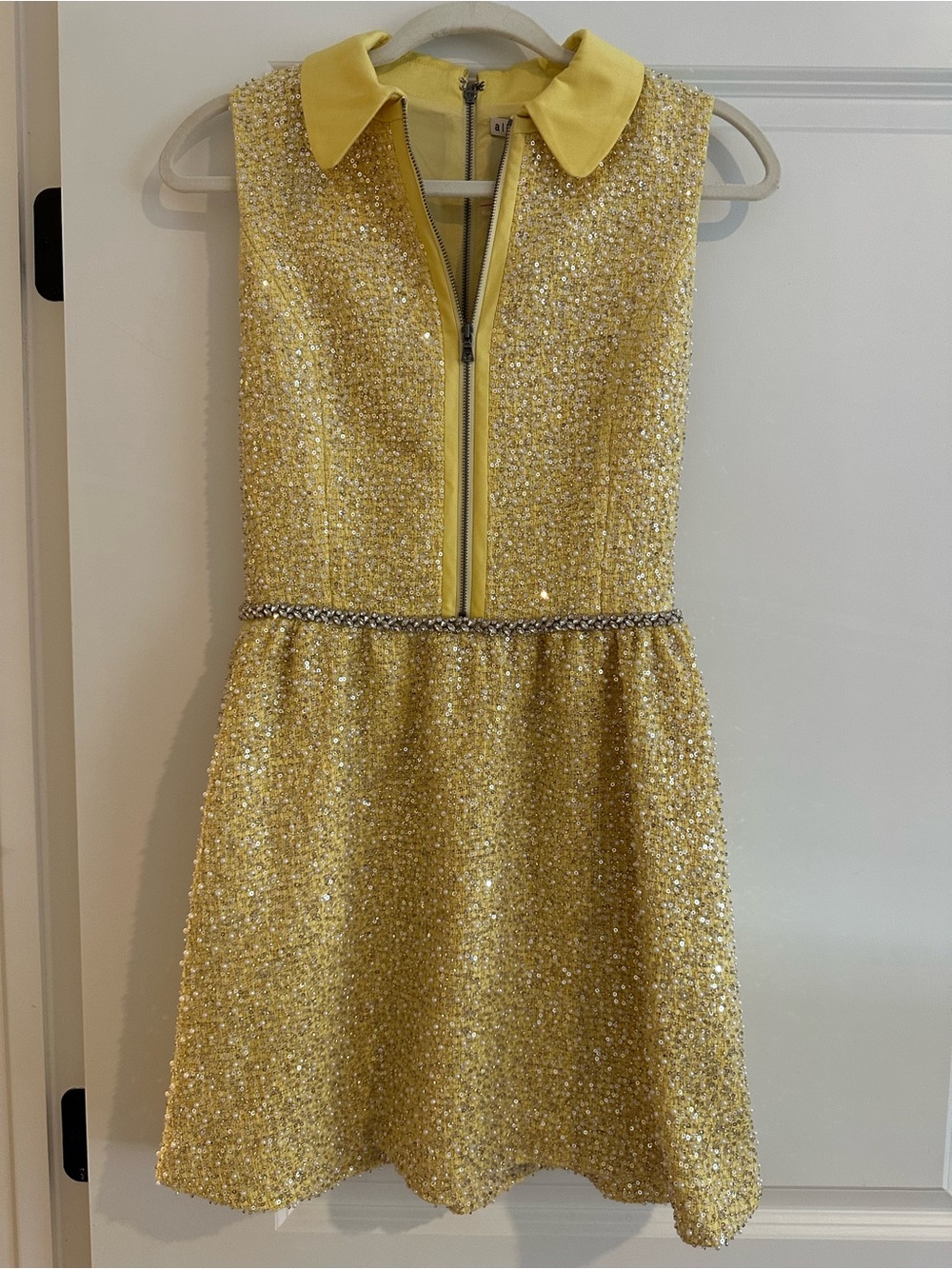 Alice & Olivia Sparkle Sequin Yellow Party Dress with Jewel Waist NEW